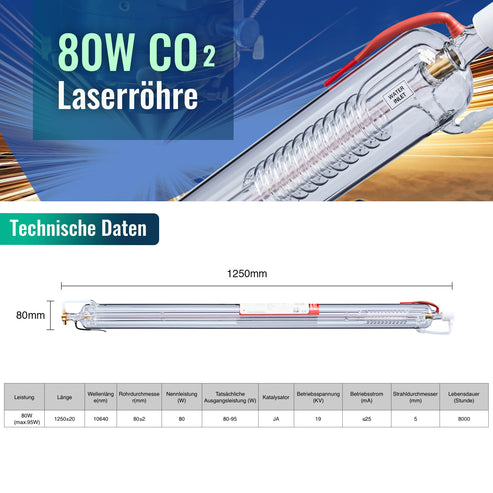 80W CO2 Laserröhre & Laser Tube für Laser Graviermaschinen und Lasercutter | 0080 Laserröhre OMTech Laser