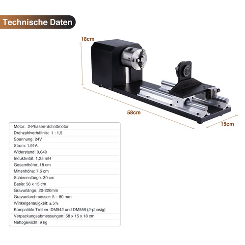 Drehachse & Rotary Axis für CO2 Laser Graviermaschinen und Lasercutter | LRA-KP58 Drehachse OMTech Laser
