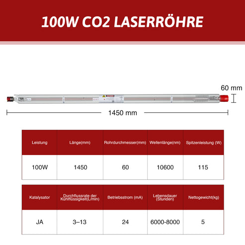 100W CO2 Laserröhre & Laser Tube für Laser Graviermaschinen und Lasercutter | YL-100 Laserröhre OMTech Laser