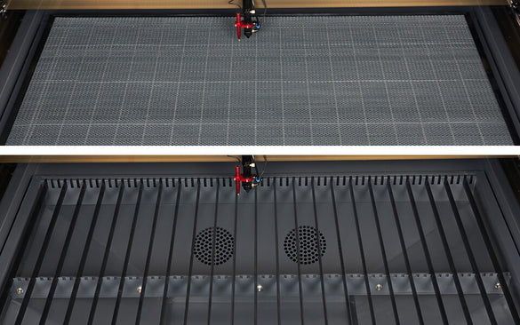 Wabenschneidetisch und Aluminiumlamellenschneidtisch bei einer CO2 Laser Graviermaschine