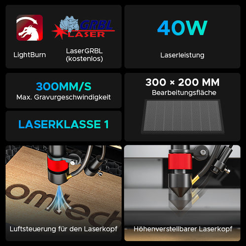 40W Desktop Laser Graviermaschine & Cutter mit 300x200mm Gravurfläche | K40 Plus CO2 Laser Graviermaschine & Cutter OMTech Laser