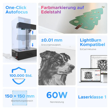 60W MOPA Laser Graviermaschine mit Autofokus für Metallgravur | M60C fiber laser engraver OMTech