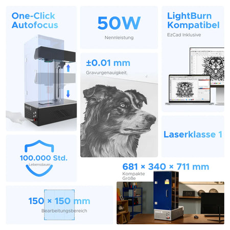 50W Faserlaser Graviermaschine mit Autofokus für Metallgravur | F50C fiber laser engraver OMTech