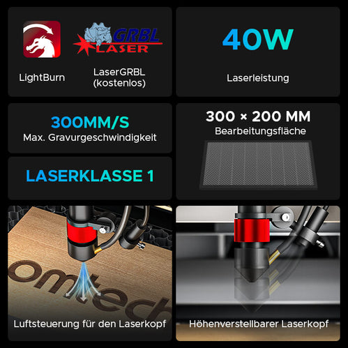 40W Desktop Laser Graviermaschine & Cutter mit 300x200mm Gravurfläche | K40 Plus CO2 Laser Graviermaschine & Cutter OMTech Laser   