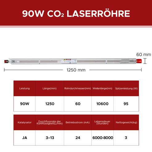 90W CO2 Laserröhre für Laser Graviermaschinen & Cutter| YL-90 Laserröhre OMTech Laser