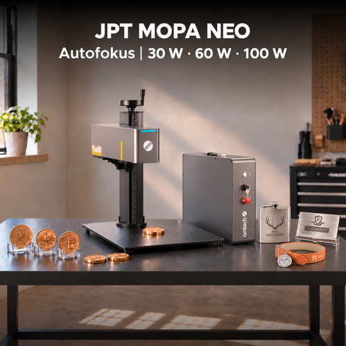 JPT MOPA NEO – Faserlaser mit Autofokus | 30 W / 60 W / 100 W fiber laser engraver OMTech