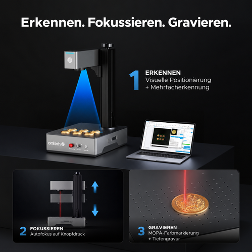JPT MOPA NEO – Faserlaser mit Autofokus | 30 W / 60 W / 100 W fiber laser engraver OMTech