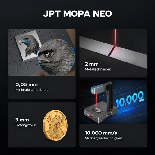 JPT MOPA NEO – Faserlaser mit Autofokus | 30 W / 60 W / 100 W fiber laser engraver OMTech
